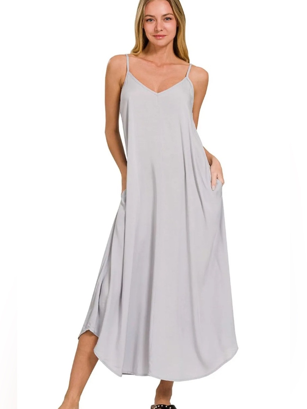 Zenana Woven Arc Hem Cami Dress With Flowy Pockets Gray - Large !! NWOT